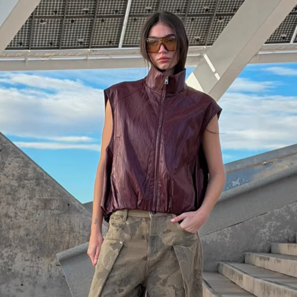 Women Sleeveless Leather Vest with High Stand Collar, Short Boxy Cut and Front Zipper Mune Fashion