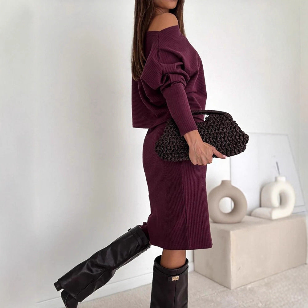 Women's Reversible Ribbed Knit Set with Off-Shoulder Oversized Sweater and Tailored Midi Skirt with Side Slit Drune