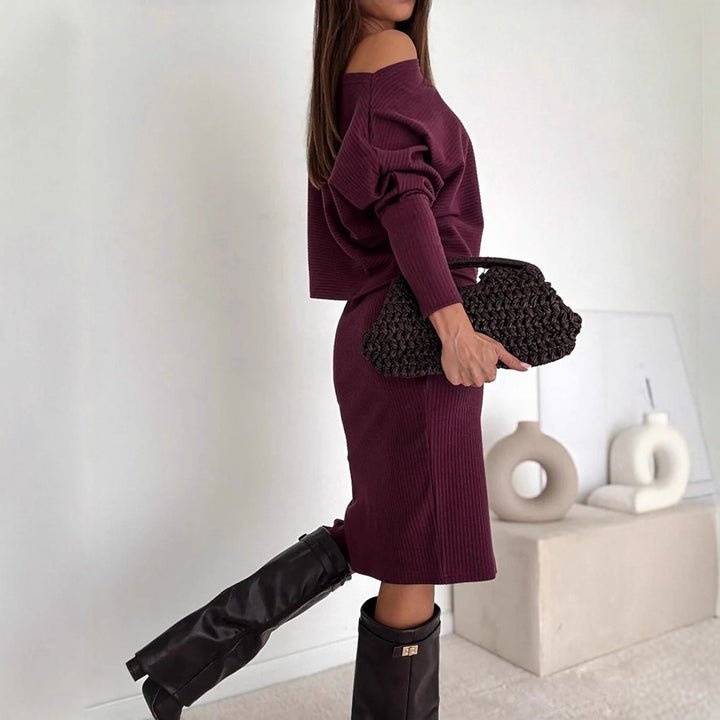 Women's Reversible Ribbed Knit Set with Off-Shoulder Oversized Sweater and Tailored Midi Skirt with Side Slit Drune