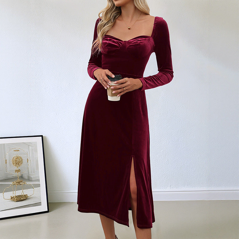Ladies Elegant Velvet Midi Dress with Shoulder Pads and Slit Mune Fashion