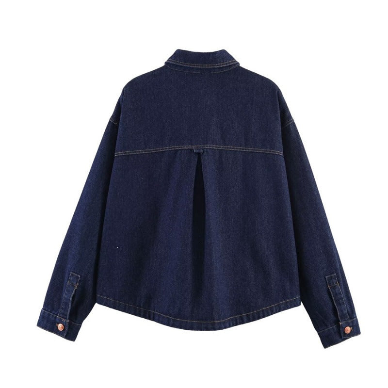 Women's Oversized Denim Jacket with Boxy Cropped Cut, Patch Pockets and Contrast Stitching Mune Fashion