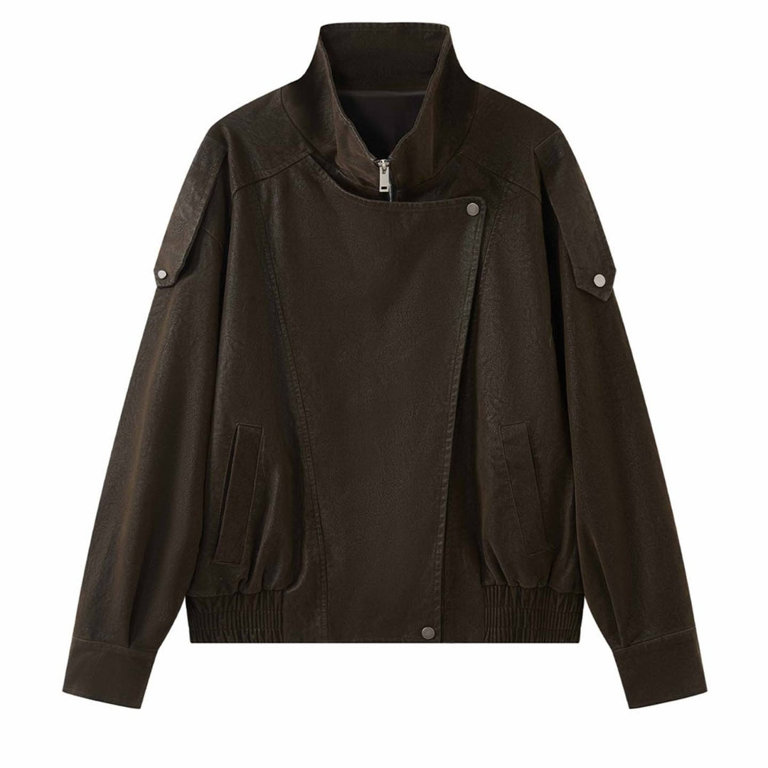 Women's Oversized Leather Jacket with High Collar and Asymmetrical Snap Placket Mune Fashion