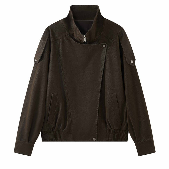 Women's Oversized Leather Jacket with High Collar and Asymmetrical Snap Placket Mune Fashion