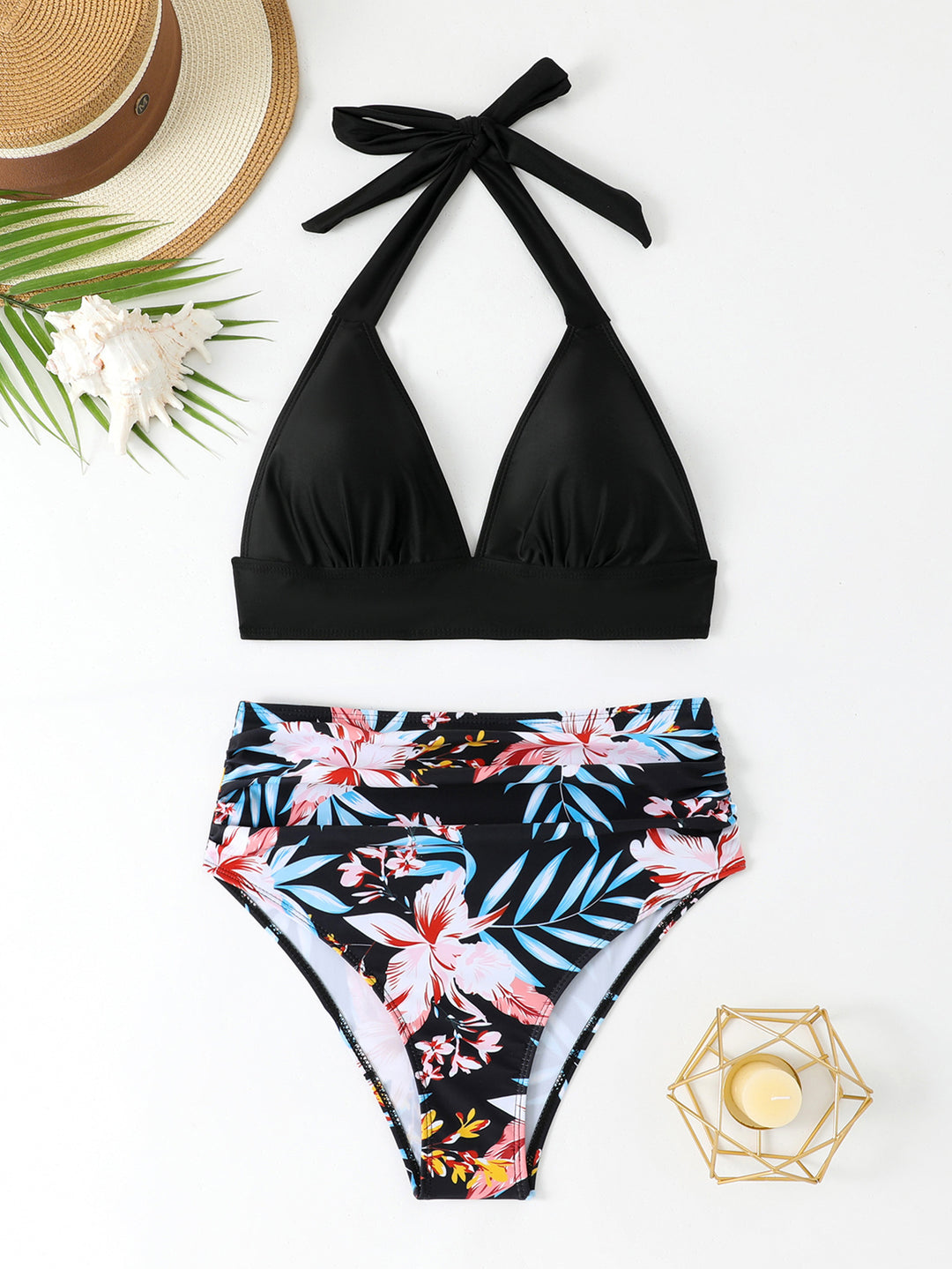 Women's High-Waisted Triangle Bikini Set with Floral Design Mune Fashion