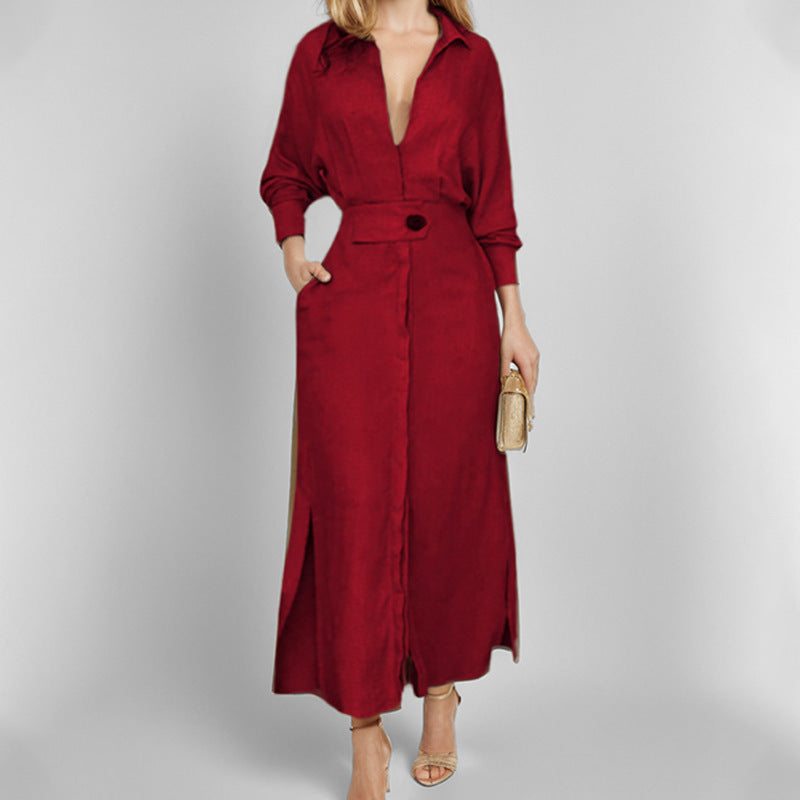 Women’s Linen Maxi Dress with Shirt Collar, Waist Belt and Side Slits Mune Fashion