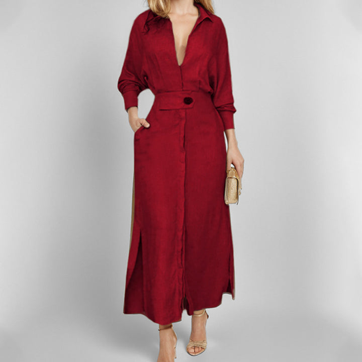 Women’s Linen Maxi Dress with Shirt Collar, Waist Belt and Side Slits Mune Fashion