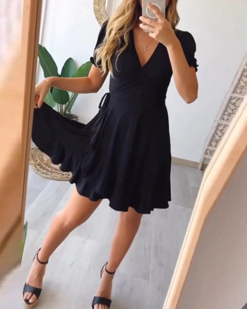 Women’s light wrap dress with V-neck, short sleeves, waist tie, and flounce skirt Mune Fashion