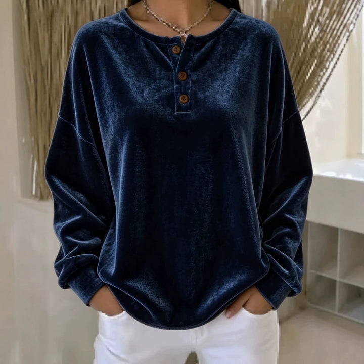 Women Casual Oversized Velvet Henley Shirt with Button Placket Mune Fashion
