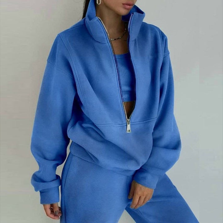Ladies nan short half-zip sweatshirt and jogging pants set with stand-up collar, oversized cut and soft French terry Mune Fashion