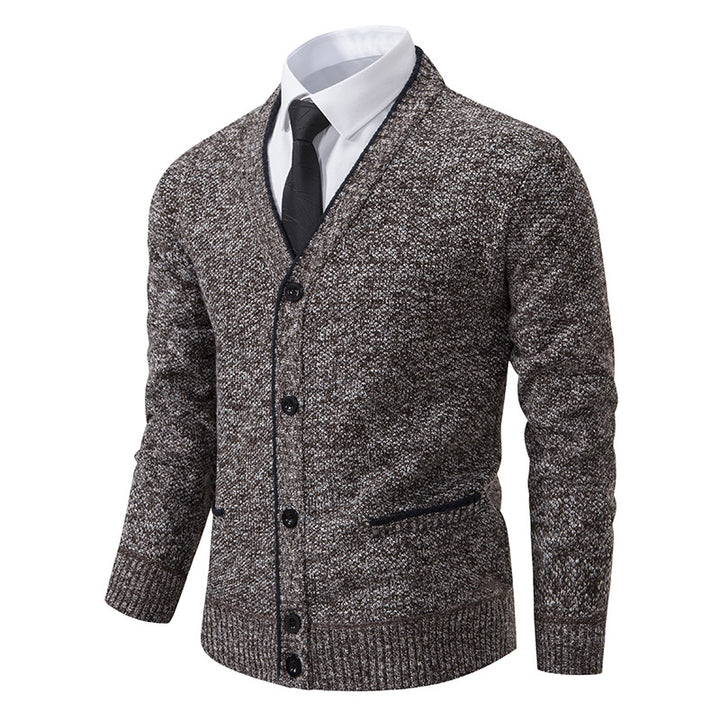 Men's knitted cardigan with melange structure, V-neck, contrast edges, and patch pockets Mune Fashion