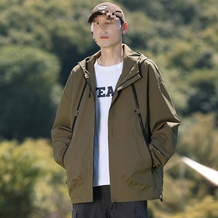 Men's Lightweight Windproof Utility Transition Jacket with Hood, Multifunctional Zippers & Adjustable Hem Mune Fashion