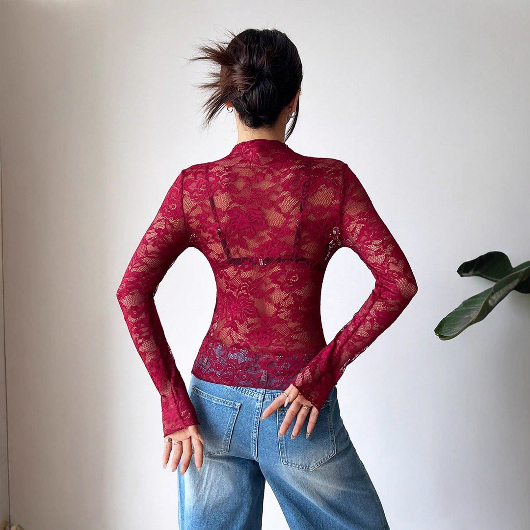 Women's figure-hugging transparent lace crop top with high neck and integrated bustier shape Mune Fashion