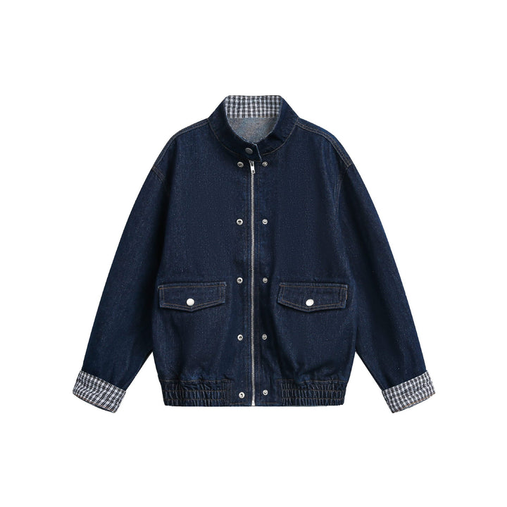 Women Oversize Denim Jacket with Stand-Up Collar and Check Lining Mune Fashion