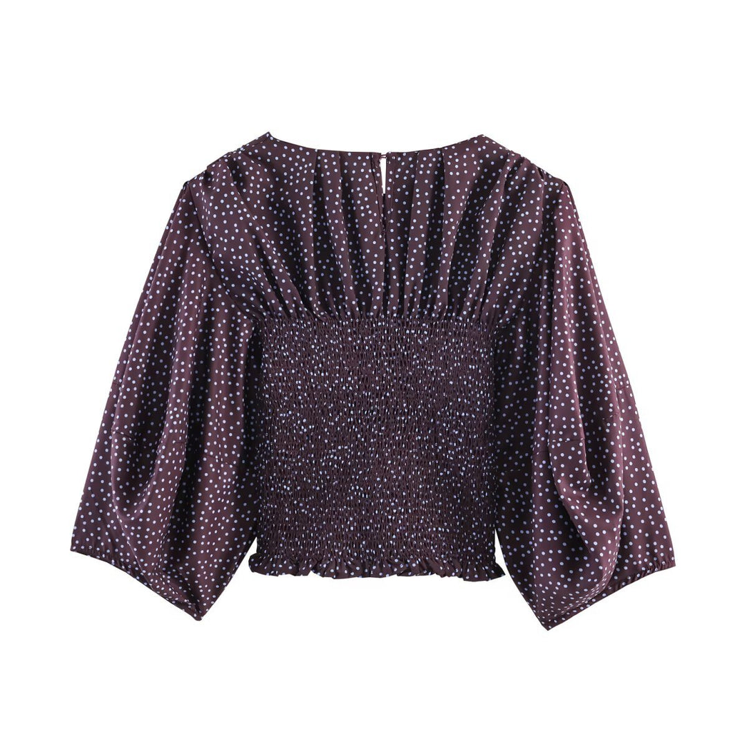 Women Polka Dot Carmen Blouse with Smocked Waist and Voluminous Balloon Sleeves Mune Fashion