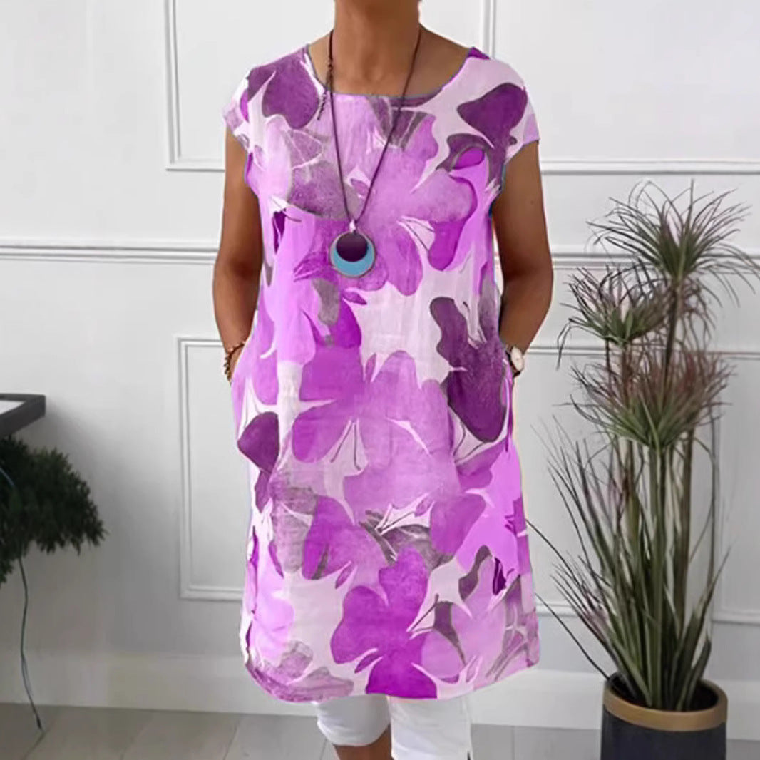 Ladies' airy tunic midi dress made of linen blend with watercolor flower print and side pockets Mune Fashion