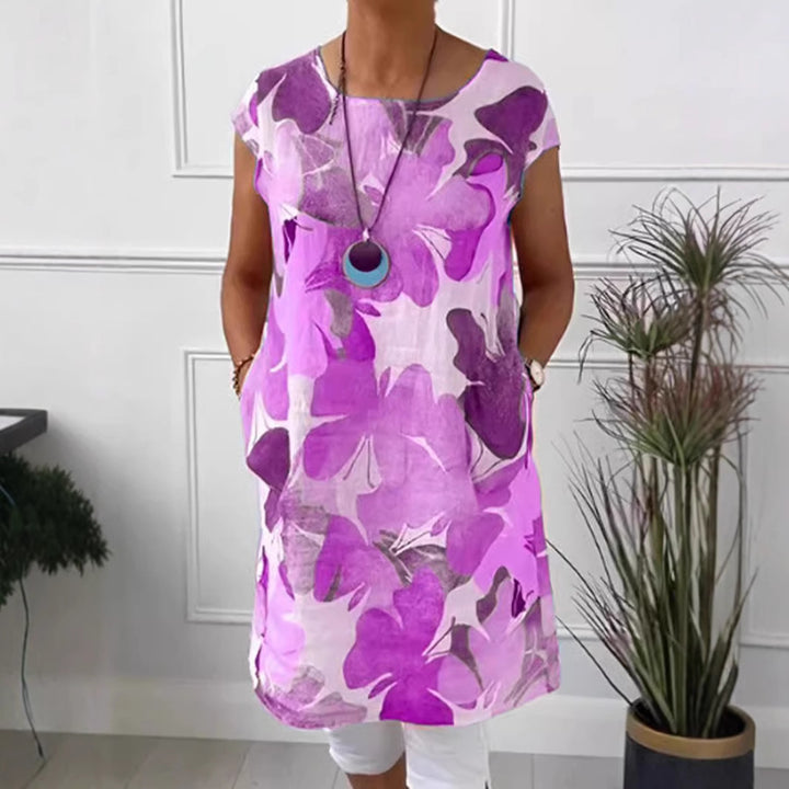 Ladies' airy tunic midi dress made of linen blend with watercolor flower print and side pockets Mune Fashion