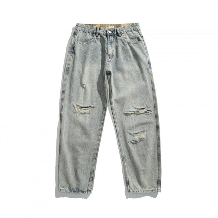 Men's Casual Straight-Leg Jeans with Used Wash and Destroyed Details Mune Fashion