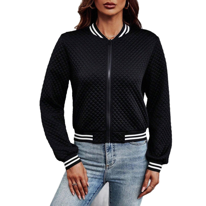Women's Padded Bomber Jacket with Diamond Quilting, Contrast Stripes and Zipper Drune