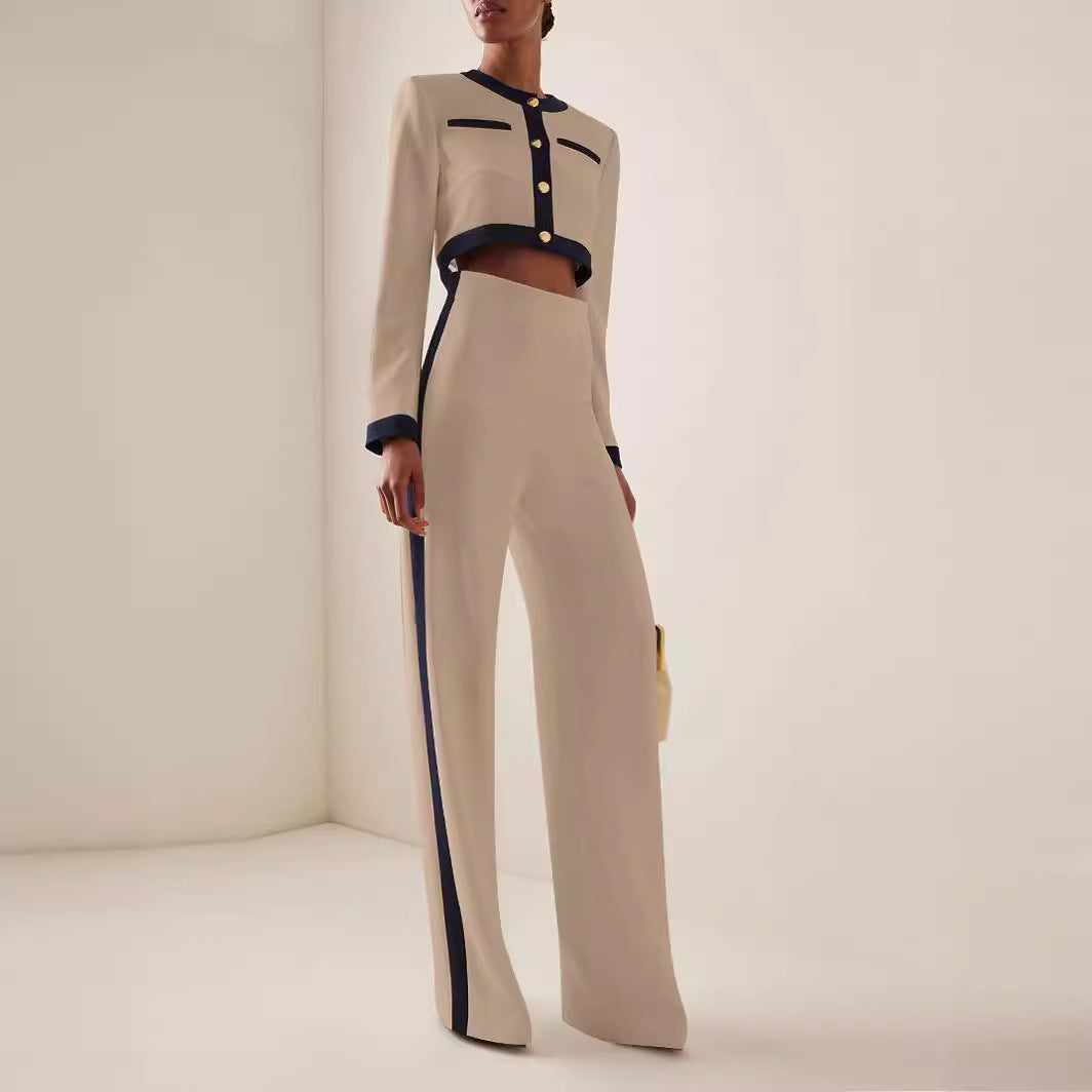 Women's Short Cropped Tailoring Set with Contrast Piping and High-Waist Palazzo Pants Mune Fashion