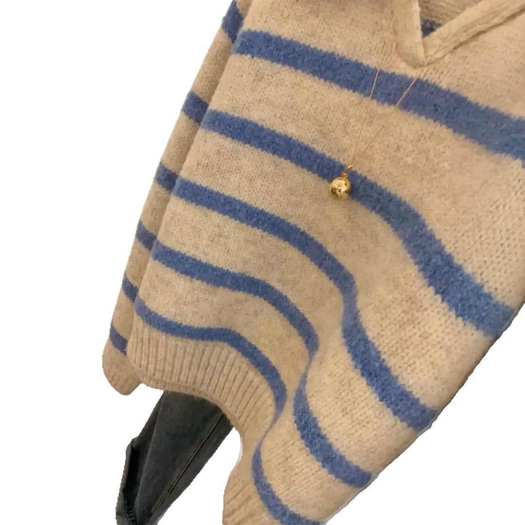 Women's cozy oversized knit sweater with polo collar and wide stripes Mune Fashion