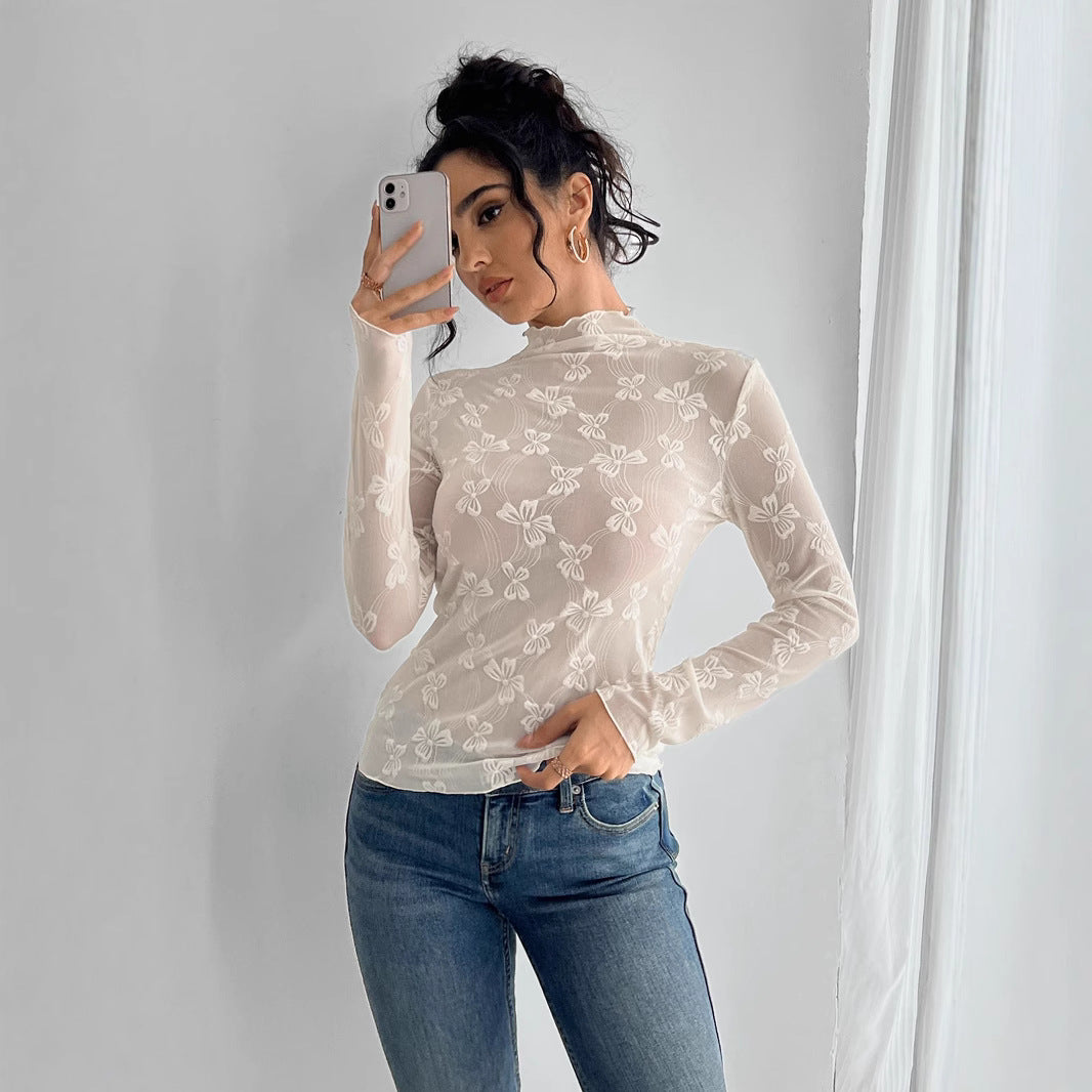 Women's figure-hugging transparent long sleeve top made of mesh fabric with floral embroidery and standing collar Mune Fashion