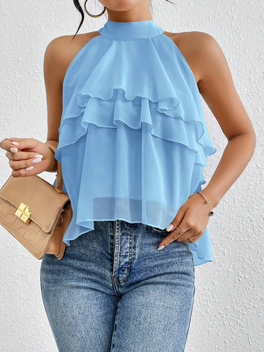Women's Airy Chiffon Top with Stand Collar and Layered Ruffles Mune Fashion