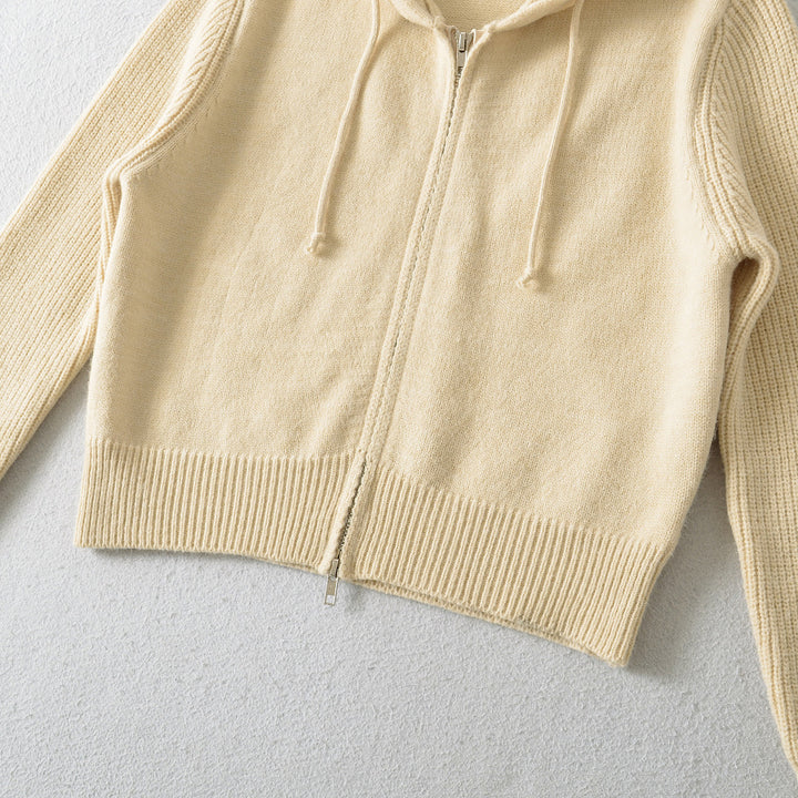 Women's Short Hooded Cardigan with Zipper and Fitted Ribbed Hem Mune Fashion