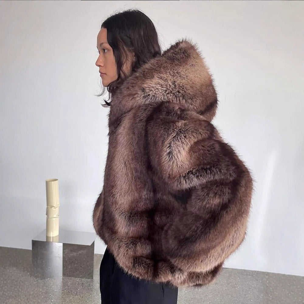 Women's Boxy Faux Fur Hoodie with Voluminous Hood and Loose Silhouette Mune Fashion
