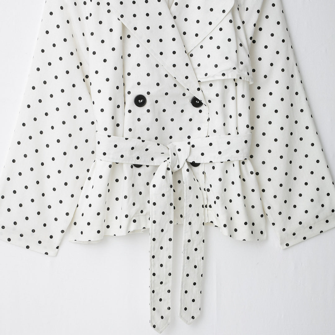 Women Polka Dot Cropped Trench Coat with Waist Belt and Double-Breasted Button Placket Mune Fashion
