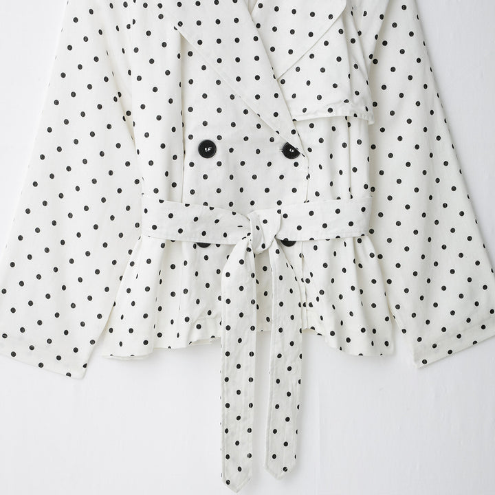Women Polka Dot Cropped Trench Coat with Waist Belt and Double-Breasted Button Placket Mune Fashion