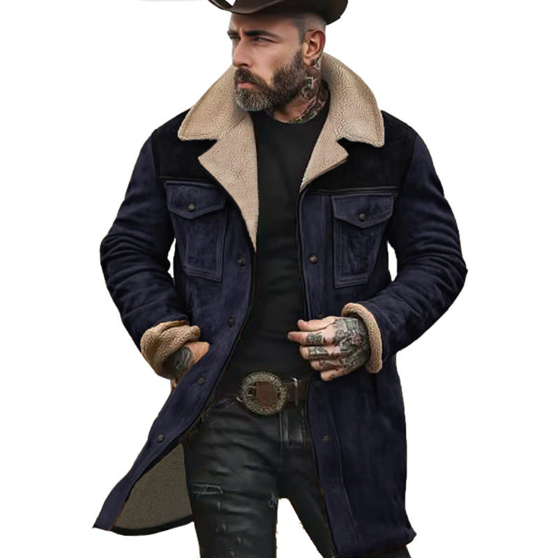 Men's Long Sherpa Coat with Faux Fur Lining and Suede Look Mune Fashion