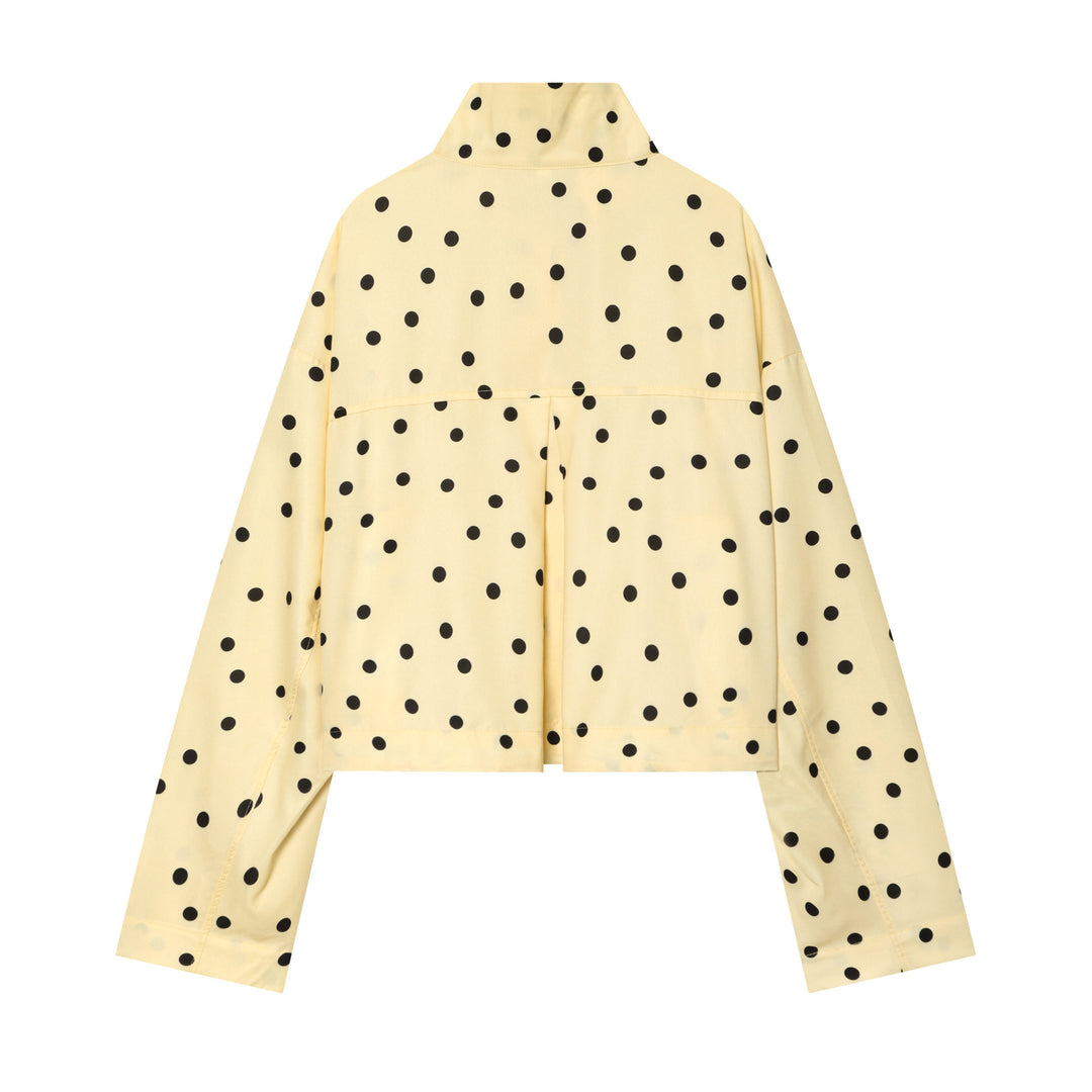 Women's Polka Dot Cropped Blouse with Stand Collar and Drawstring Mune Fashion
