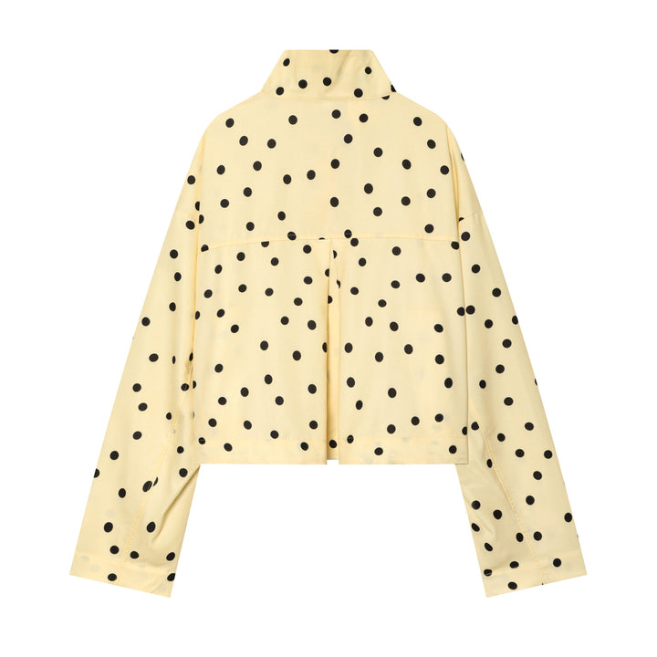 Women's Polka Dot Cropped Blouse with Stand Collar and Drawstring Mune Fashion