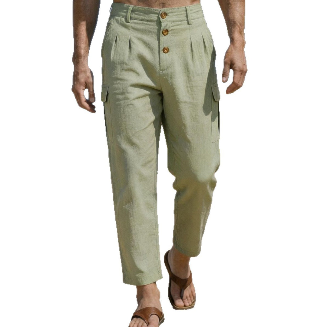 Men's casual linen cargo chino with button placket, pleats, and cropped ankle length Mune Fashion
