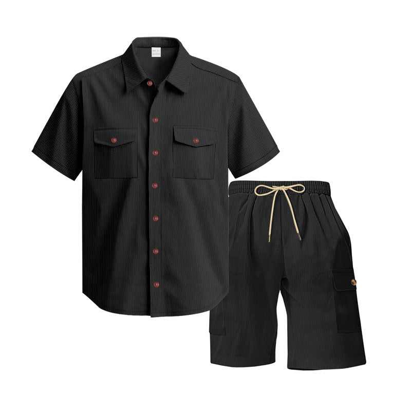 Men's structured short-sleeve shirt and bermuda set with flap pockets and elastic waistband Mune Fashion