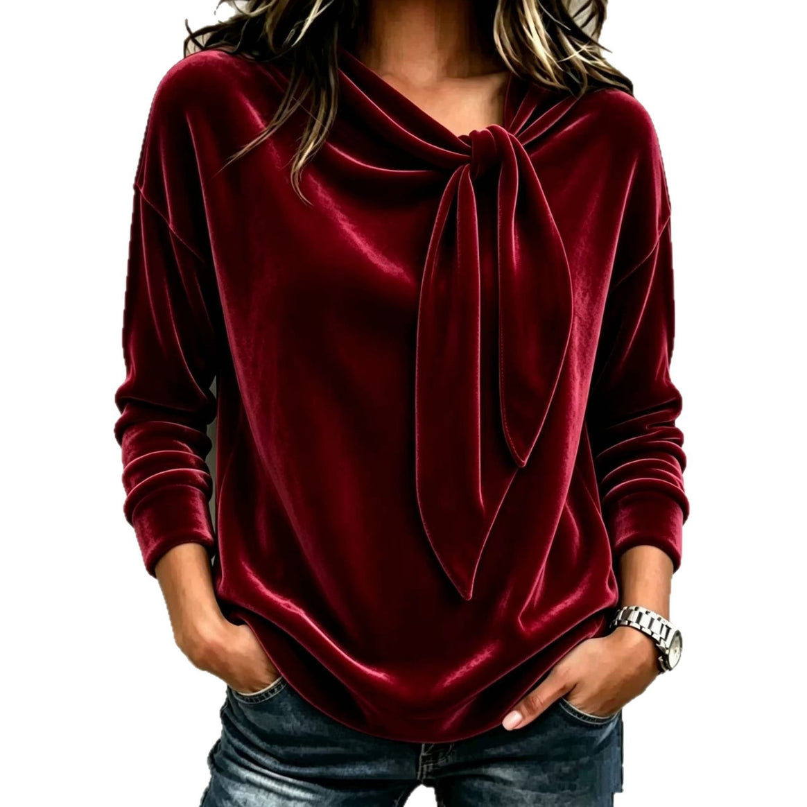 Women Draped Velvet Sweatshirt with Knot Shawl Collar Mune Fashion