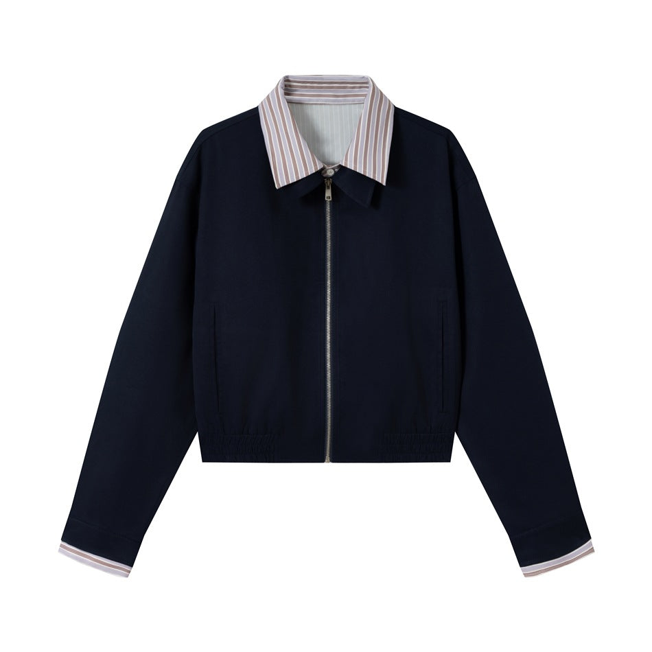 Women's short jacket with contrasting shirt collar, concealed zipper, and elastic hem Mune Fashion