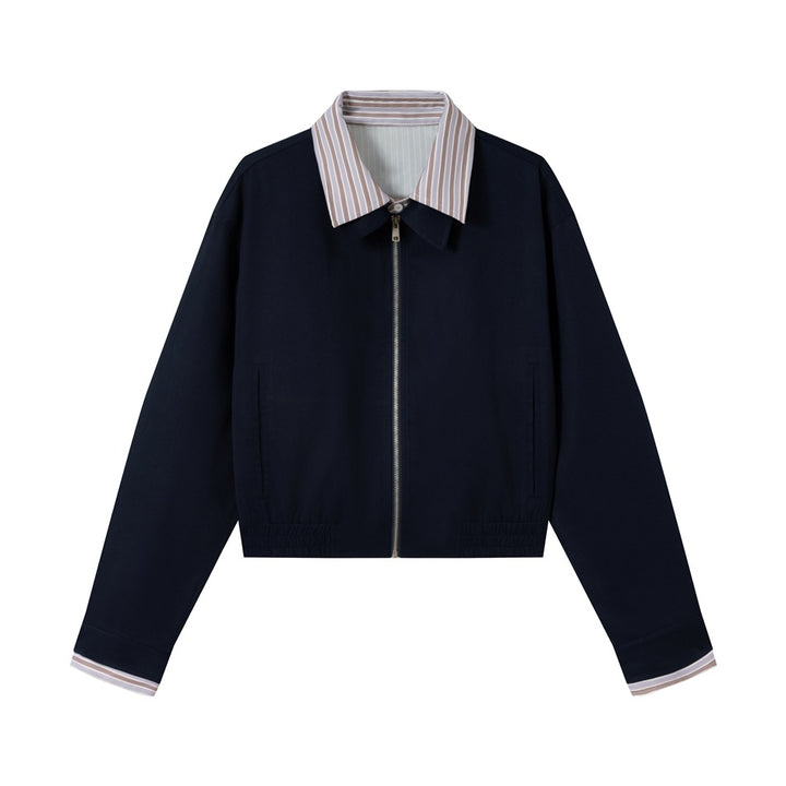 Women's short jacket with contrasting shirt collar, concealed zipper, and elastic hem Mune Fashion