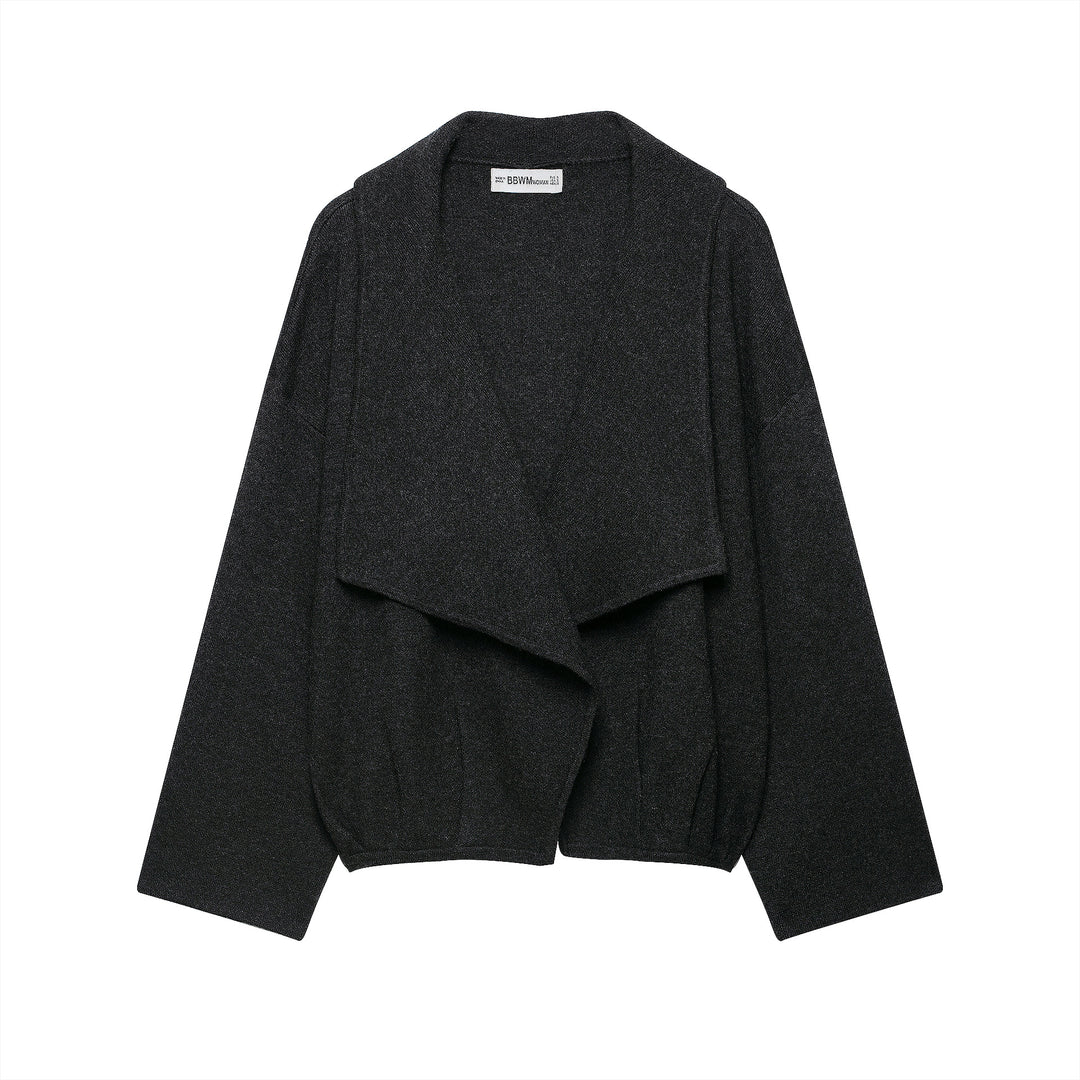 Women's short cut open wool blend cardigan with large shawl collar and boxy cropped silhouette Mune Fashion