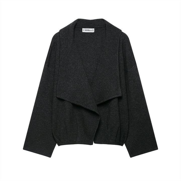 Women's short cut open wool blend cardigan with large shawl collar and boxy cropped silhouette Mune Fashion