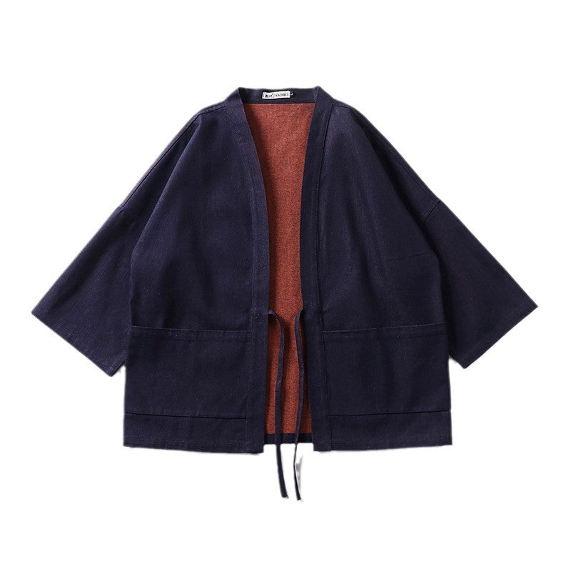 Unisex Light Denim Kimono Jacket with Contrast Lining and Tie Belt Mune Fashion