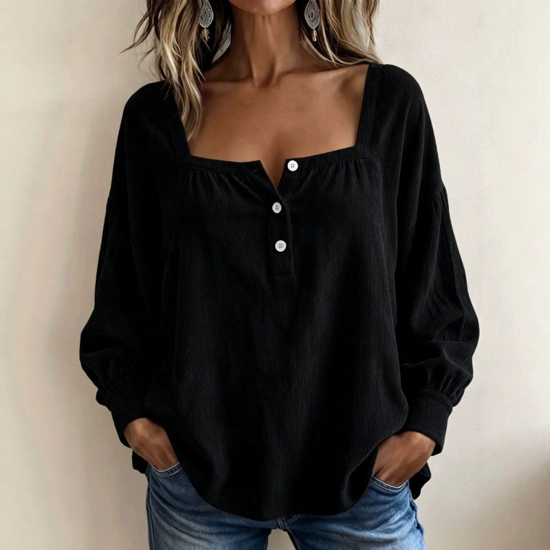 Women Long Sleeve Ribbed Structure Henley Shirt with Square Neckline Mune Fashion