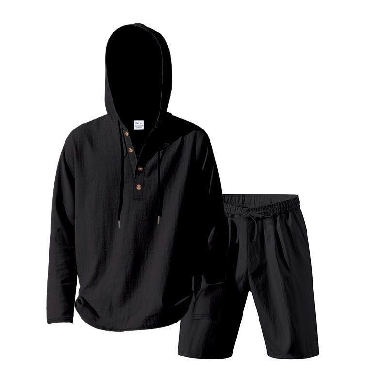 Men's Hoodie Henley Loungewear Set with Linen Look, Drawstring and Elastic Tunnel Shorts Mune Fashion