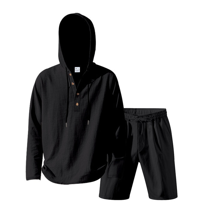 Men's Hoodie Henley Loungewear Set with Linen Look, Drawstring and Elastic Tunnel Shorts Mune Fashion