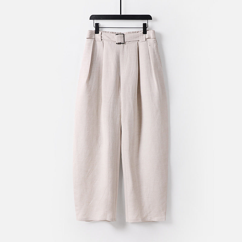 Women High-waisted wide linen blend pants with pleats and fabric belt Mune Fashion