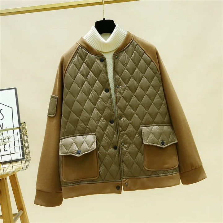 Women's quilted baseball bomber jacket with diamond stitching, flap pockets, and elastic cuffs Mune Fashion