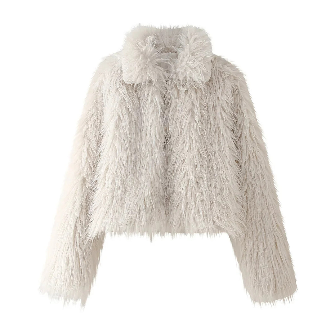 Ladies short-cut faux fur jacket with long-pile shag look and shawl collar Mune Fashion