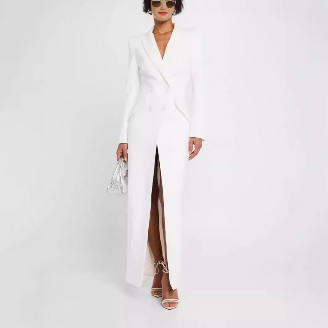 Women Blazer Dress Maxi Dress with Double Breasted, tailored silhouette and high front slit Mune Fashion