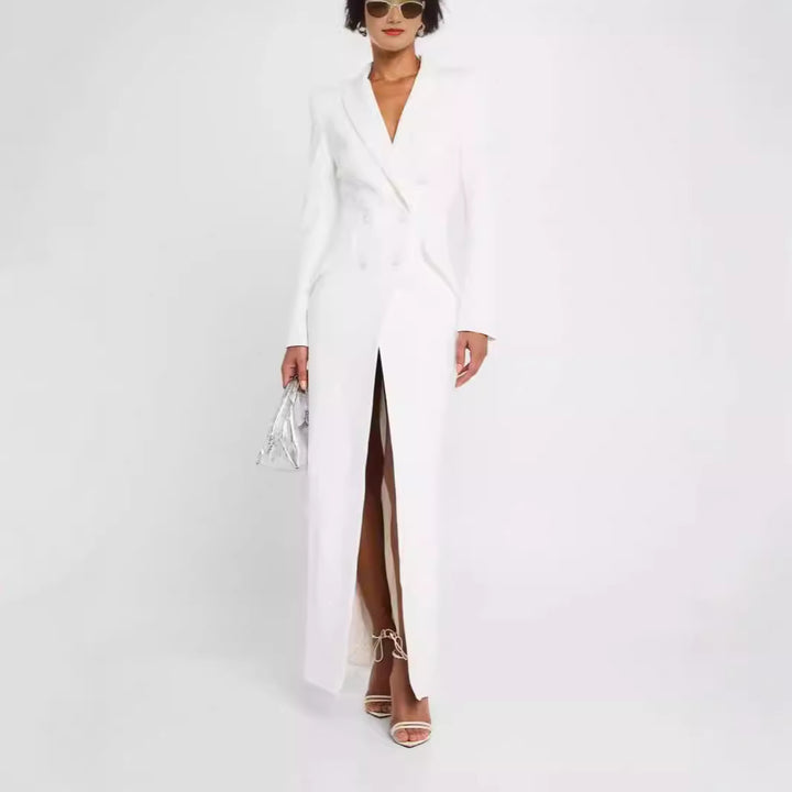 Women Blazer Dress Maxi Dress with Double Breasted, tailored silhouette and high front slit Mune Fashion