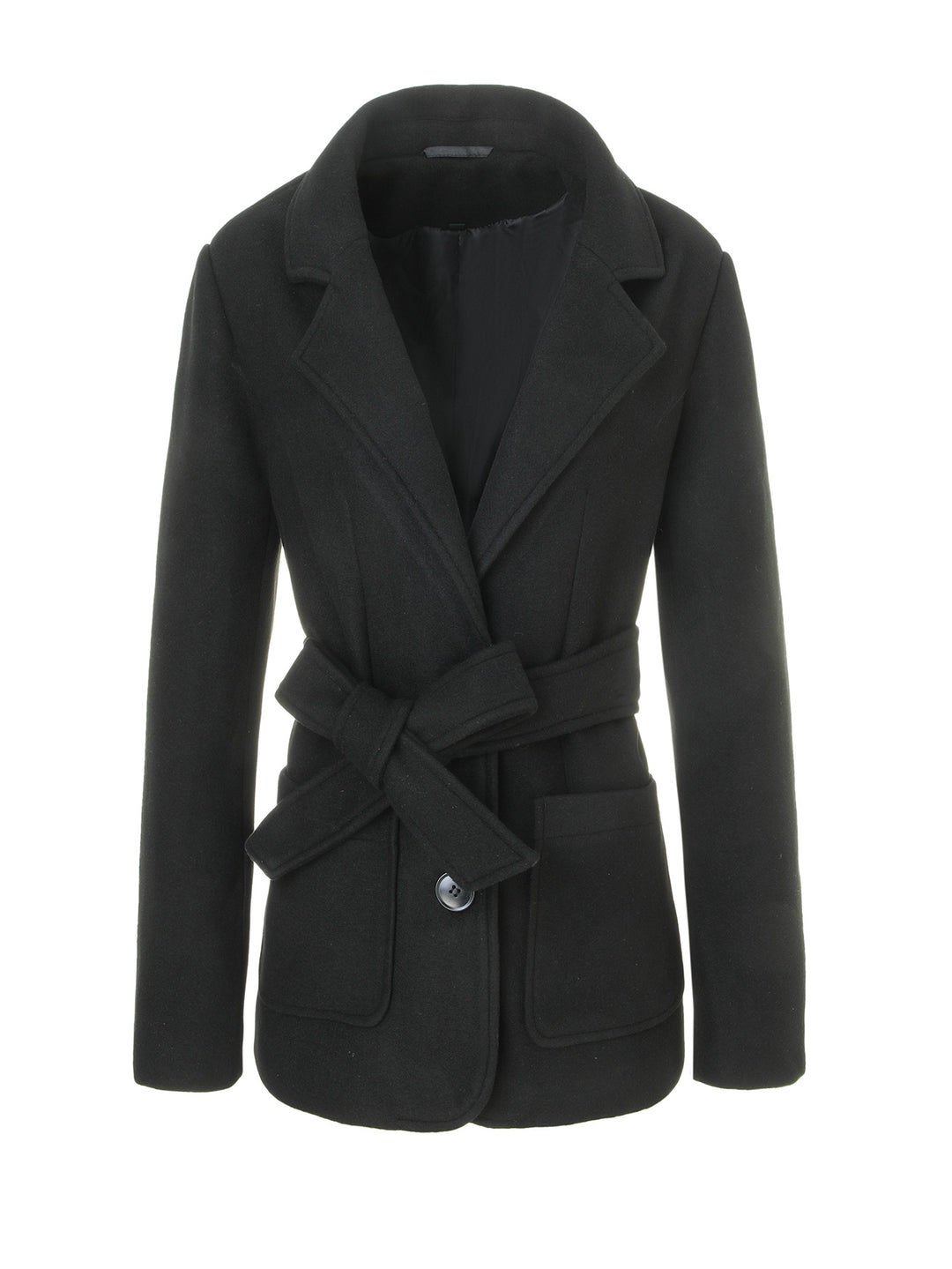 Women Tailored Short Coat with Tie Belt and Notched Collar Mune Fashion